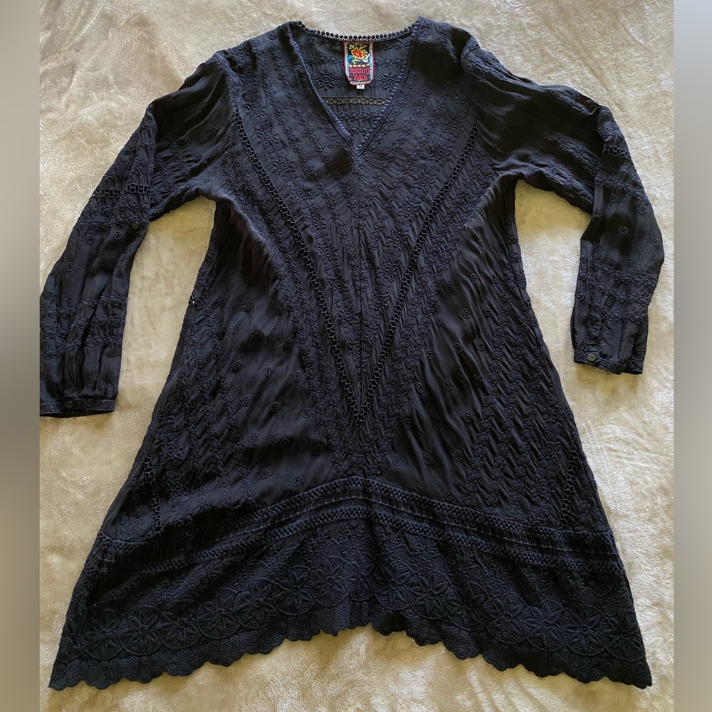 Johnny Was embroidered black tunic top blouse Sz M cupra rayon boho long sleeve